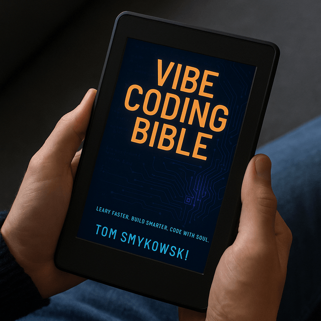 Vibe Coding Bible - original edition by Tom Smykowski, shown on a tablet.